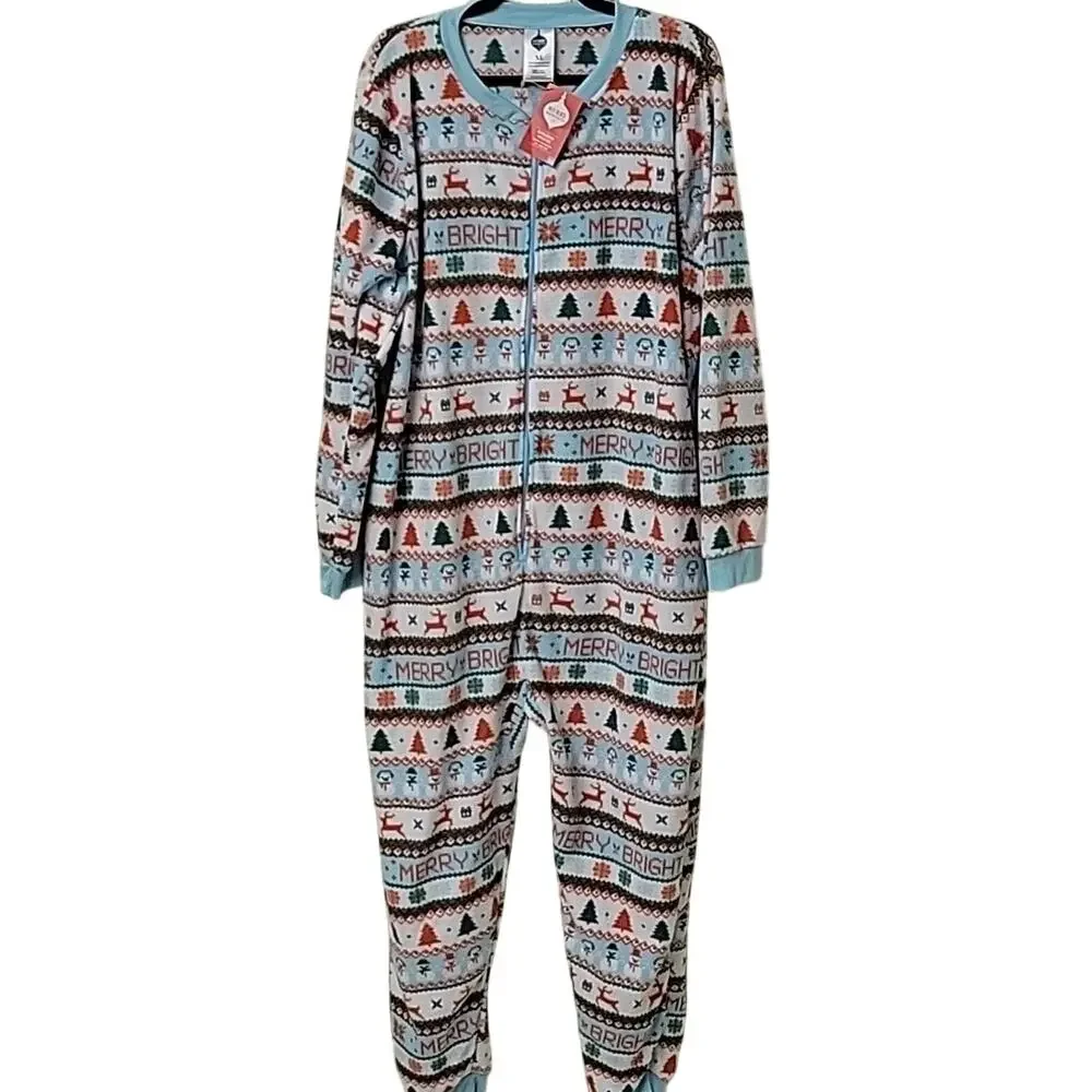 Merry Moments Holiday Onsie Full Zip MicroFleece Adult Size XL NWT